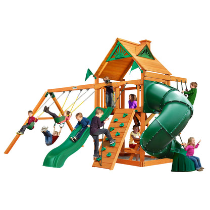 Gorilla Playsets 01-0005-AP Mountaineer Wooden Swing Set with Two Slides & Wood Roof, Brown