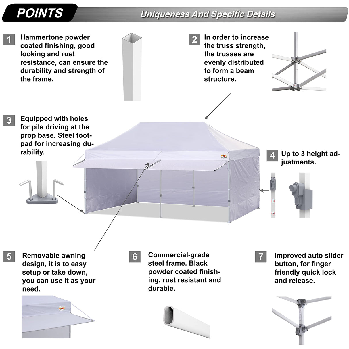 ABCCANOPY 10x20 Pop up Canopy Tent with Sidewalls - Easy up Canopies with Awning, Outdoor Tents for Parties, Market, Commercial Events, White ABCCANOPY