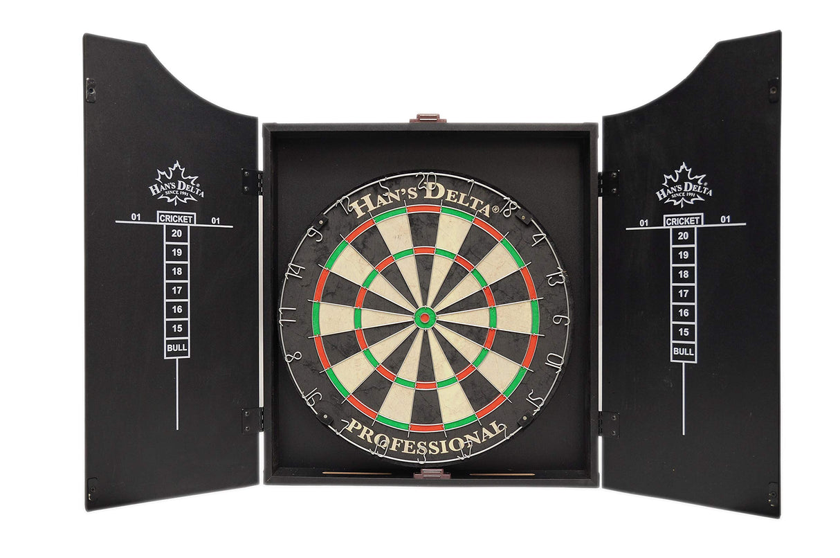 HAN'S DELTA Professional Bristle Dartboard Cabinet Set, Metal Corner Reinforcement, Regulation Steel Tip Dartboard, Includes 6 Steel Tip Darts and Scoreboards (Black) HAN'S DELTA