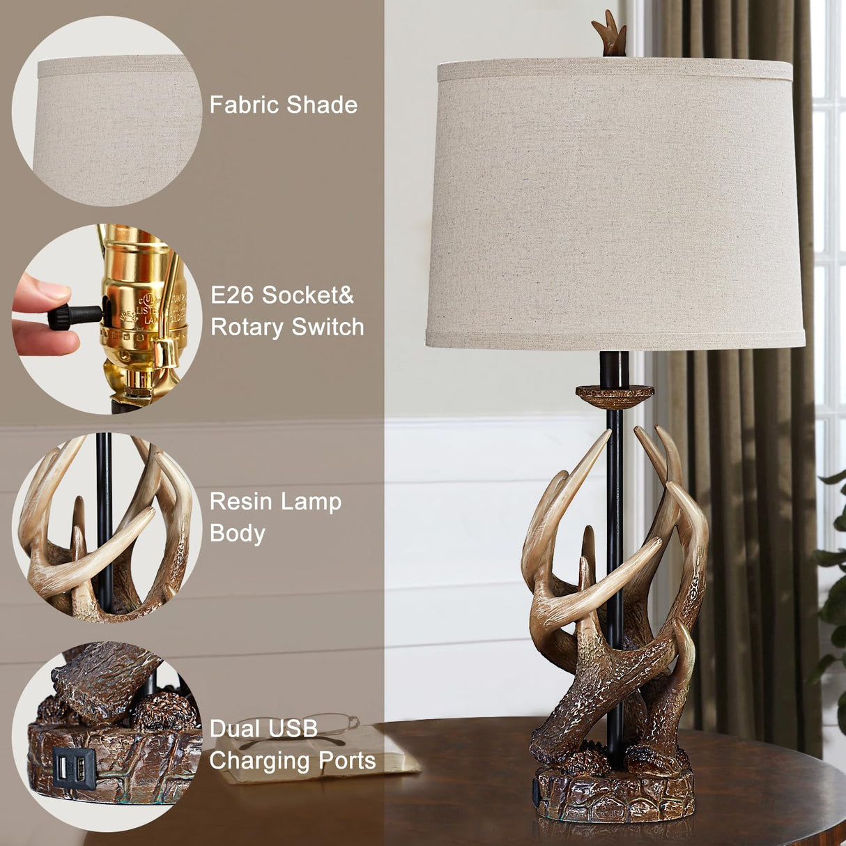 HUITICO Rustic Farmhouse Table Lamp for Living Room End Table Deer Antler Lamps with USB Ports 28" Tall Western Lamps for Bedroom Cabin Country Lamps for Nightstand, Single, Bulb Not Included HUITICO