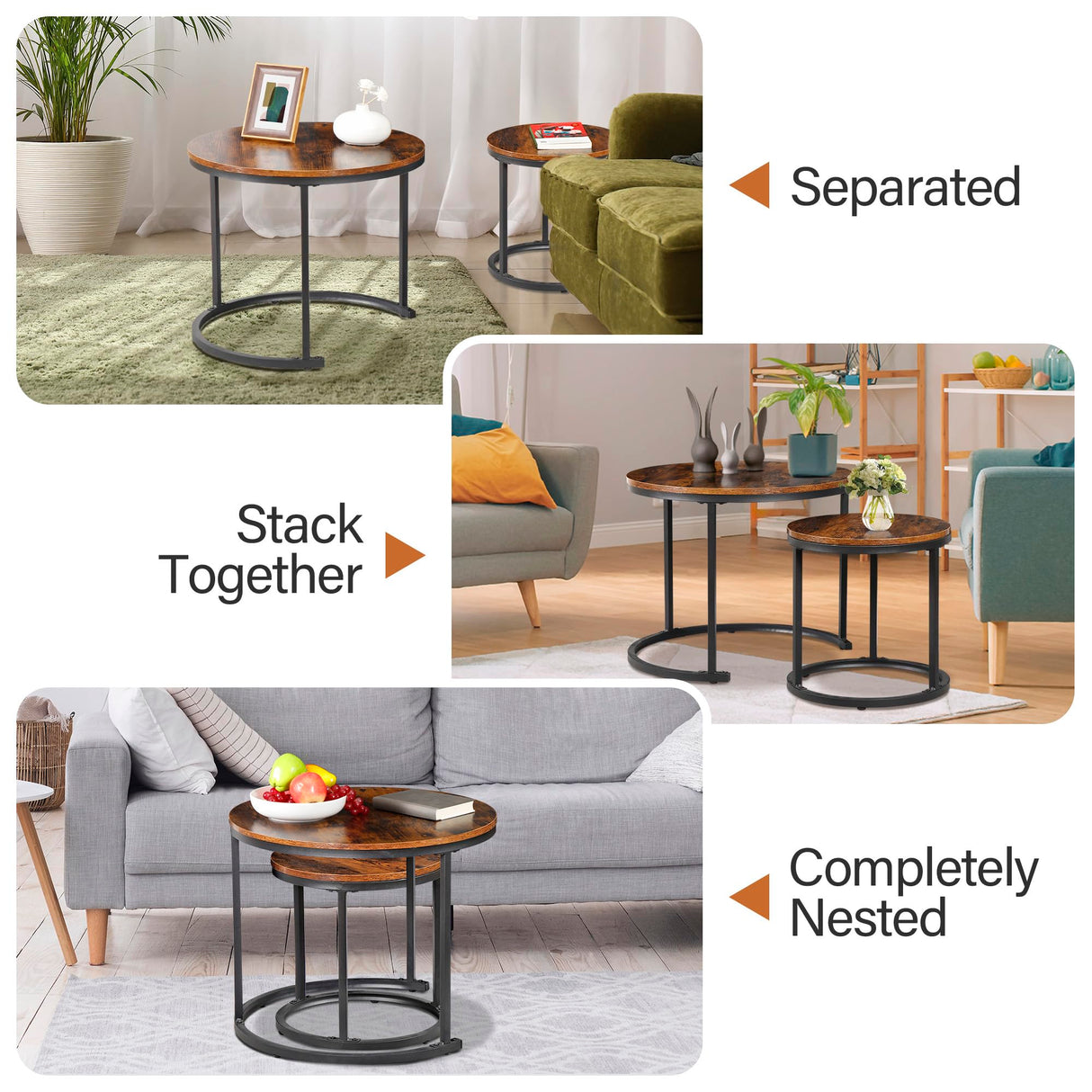 ZENY Nesting Coffee Table Set of 2, 23.6inch Round Coffee Table Wood Grain Top with Sturdy Metal Frame, Industrial End Table Side Tables for Living Room Bedroom Balcony Yard, Rustic Brown ZENY