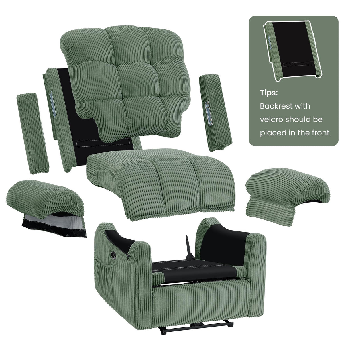 Welzona Updated Power Recliner Chair, Adjustable Electric Recliner Chairs for Adults, Ultra-Comfy Corduroy Recliner Chair for Small Space, Tool-Free Assembly, 2 Side Pockets and USB Port, Green Welzona