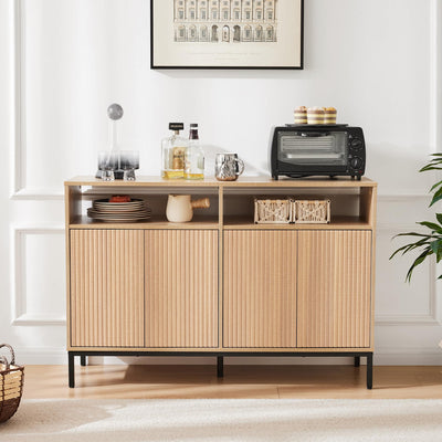 Mericonia Farmhouse Buffet Sideboard Cabinet with Storage, Fluted Natural Coffee Bar Station Table with Doors and Adjustable Shelves, Modern Wood Cupboard for Kitchen, Livingroom, Entryway