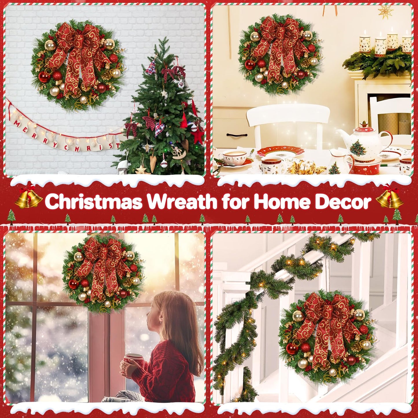 Christmas Wreath Christmas Decorations - 16" Christmas Wreaths for Front Door, Red Bow Christmas Ball Pine Needles Wreath for Home Wall Windows Outdoor Xmas Decor