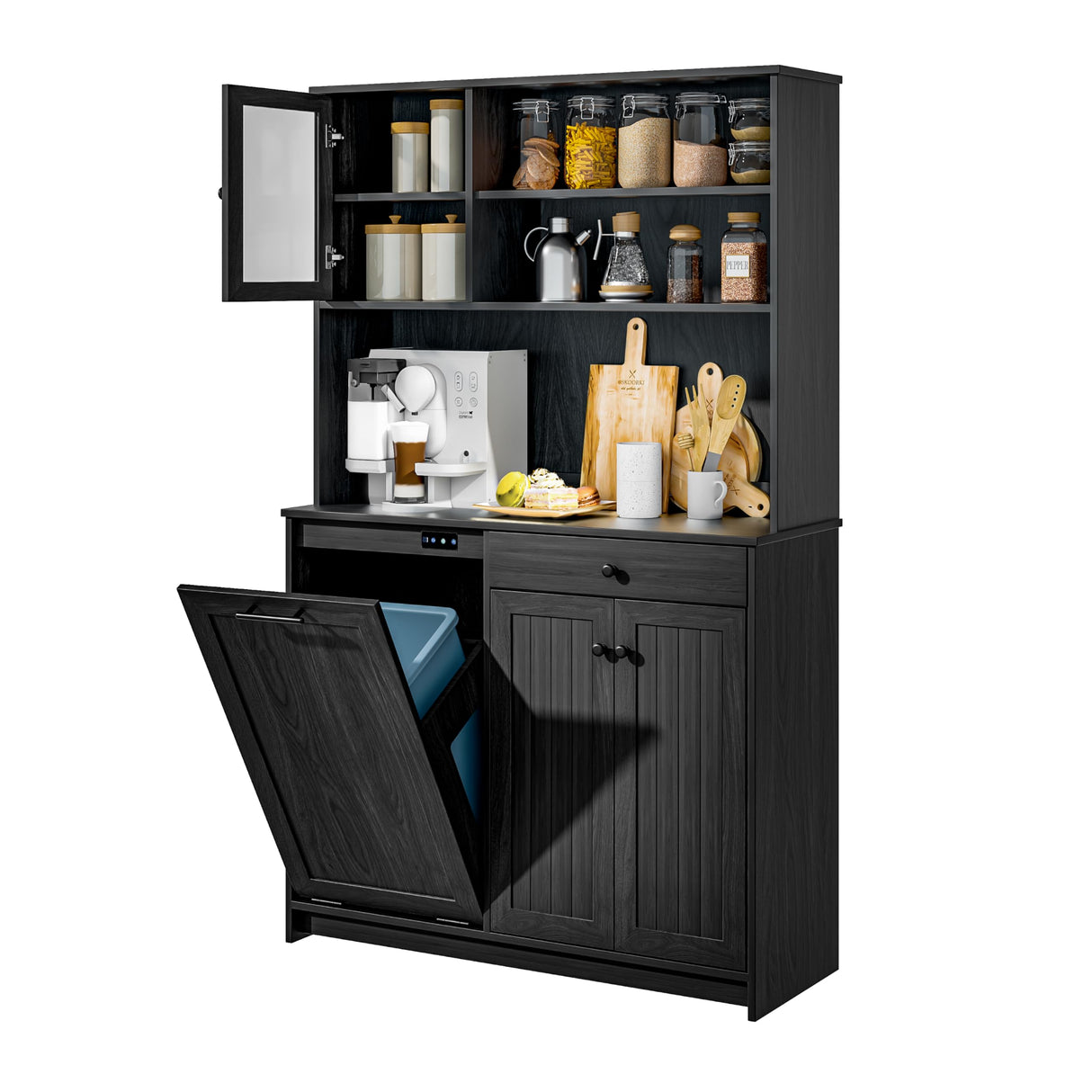 XM-ICE Freestanding Tilt-Out Trash Can Cabinet with Deodorising Function, 70" Kitchen Pantry, Storage with Microwave Shelf & Adjustable Shelves for 10 Gallons Bin, Kitchen Hutch, Black XM-ICE
