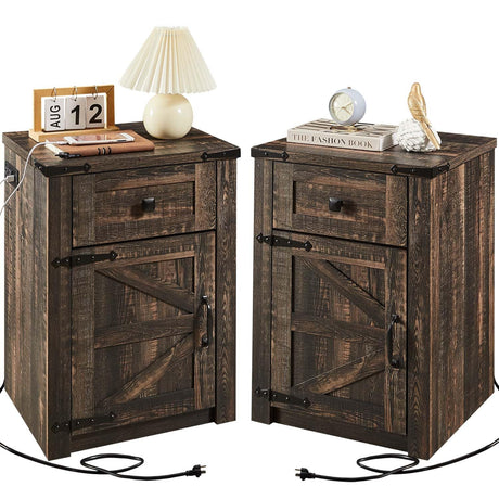 SOOWERY Nightstands Set of 2, Nightstand with Charging Station, Farmhouse End Table with Barn Door and Drawer, Rustic Wood Sofa Side Table for Bedroom, Living Room, Dark Rustic Oak SOOWERY