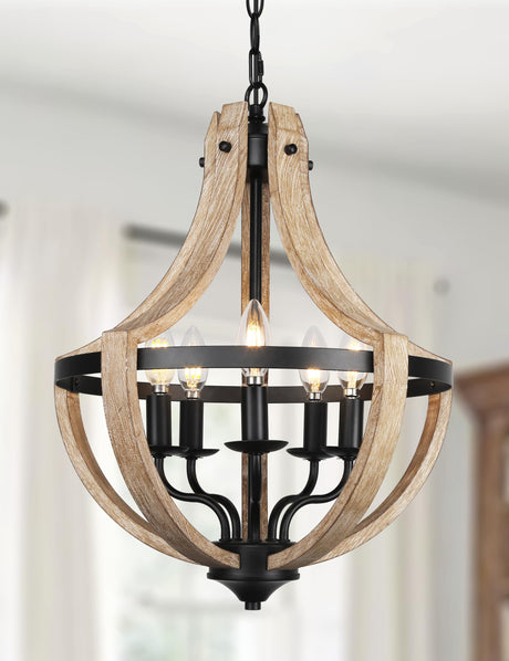 5-Light Farmhouse Wood Chandeliers for Dining Room, Adjustable Height Hanging Rustic Geometric Light Fixture for Kitchen Island Foyer Entryway Living Room Klgxnrd