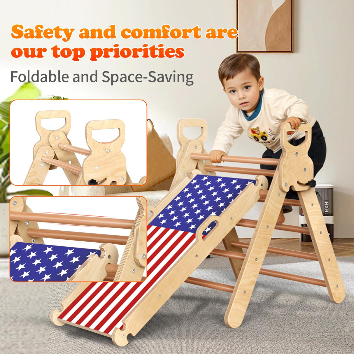 Xickboke Pikler Triangle Set Flag Style Wooden Montessori Climbing Set Foldable Pickler-3-Piece Climbing Gym with Triangle Climbing Frame, Arch, Ramp, Indoor Climbing Toys for Children Aged 1-3 Xickboke