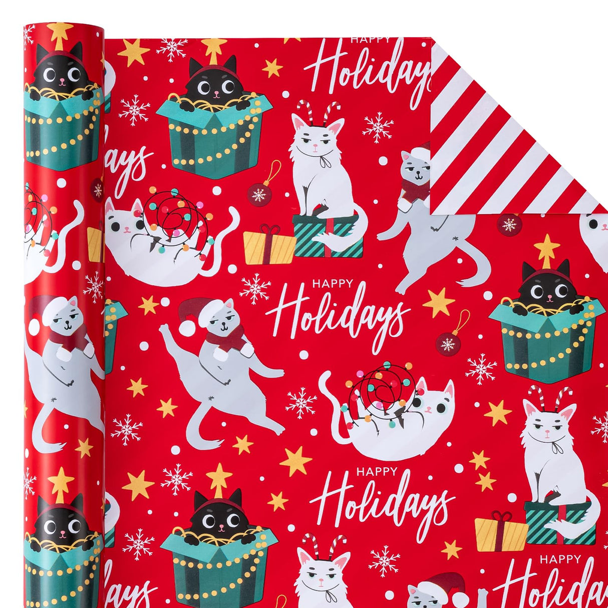 WRAPAHOLIC Reversible Cat Christmas Wrapping Paper - Mini Roll - 17 Inch x 33 Feet - Red Christmas Cat Wrapping Paper and Stripes Design for Holiday, Party Celebration WRAPAHOLIC