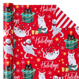 WRAPAHOLIC Reversible Cat Christmas Wrapping Paper - Mini Roll - 17 Inch x 33 Feet - Red Christmas Cat Wrapping Paper and Stripes Design for Holiday, Party Celebration WRAPAHOLIC