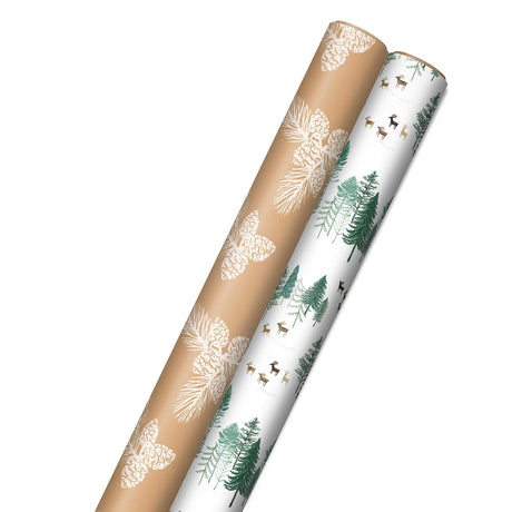 Hallmark Christmas Wrapping Paper Rolls - Green Trees, White Pine Cones on Recyclable Brown Kraft Gift Wrap Paper (Set of 2 Rolls: 150 sq. ft. ttl.) for Holiday Parties, Winter Weddings Hallmark