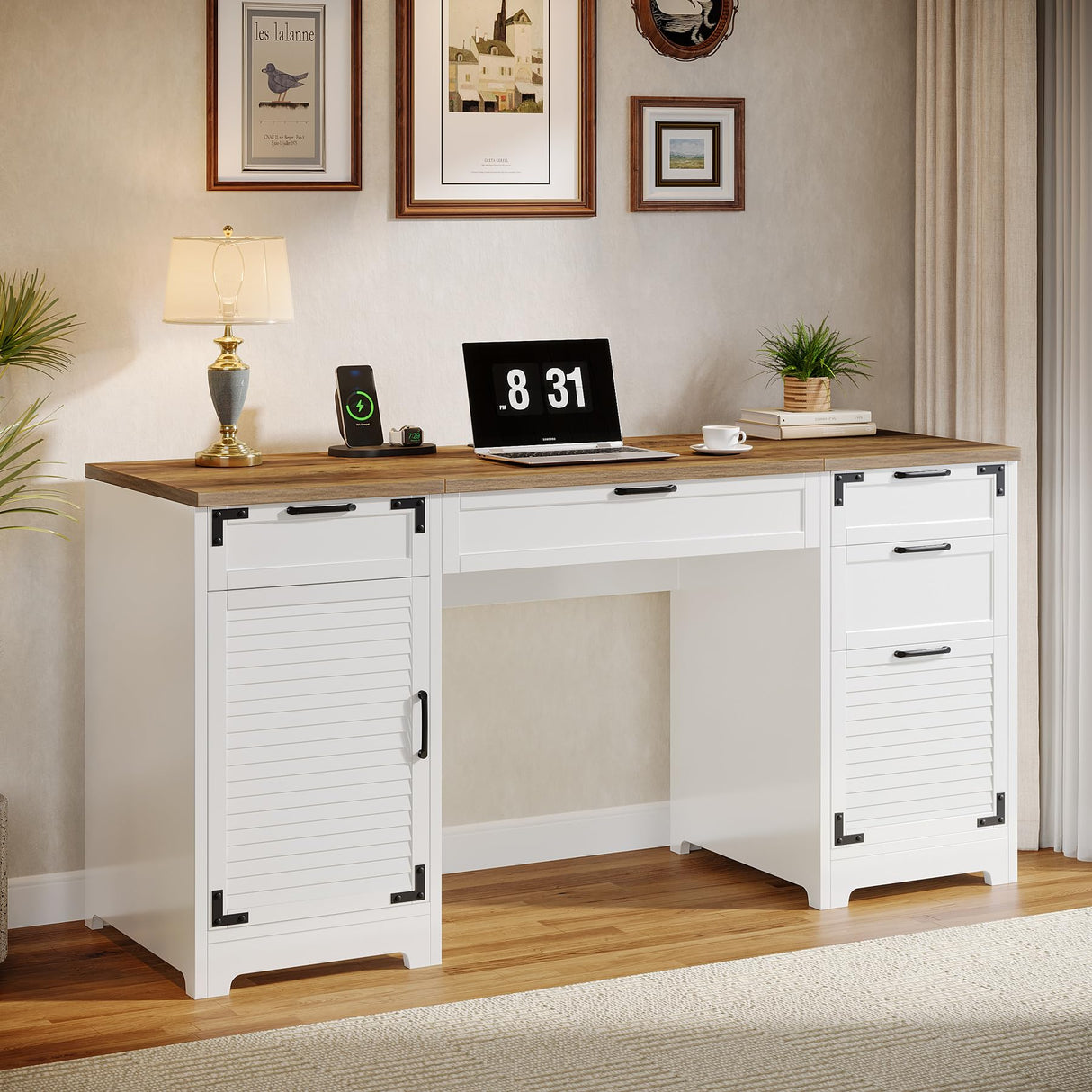 Tribesigns 59" Farmhouse Executive Desk, Computer Office Desk with File Drawers, Charging Station and Storage Cabinet, Wooden Rustic Writing Study Table for Home Office, White Tribesigns