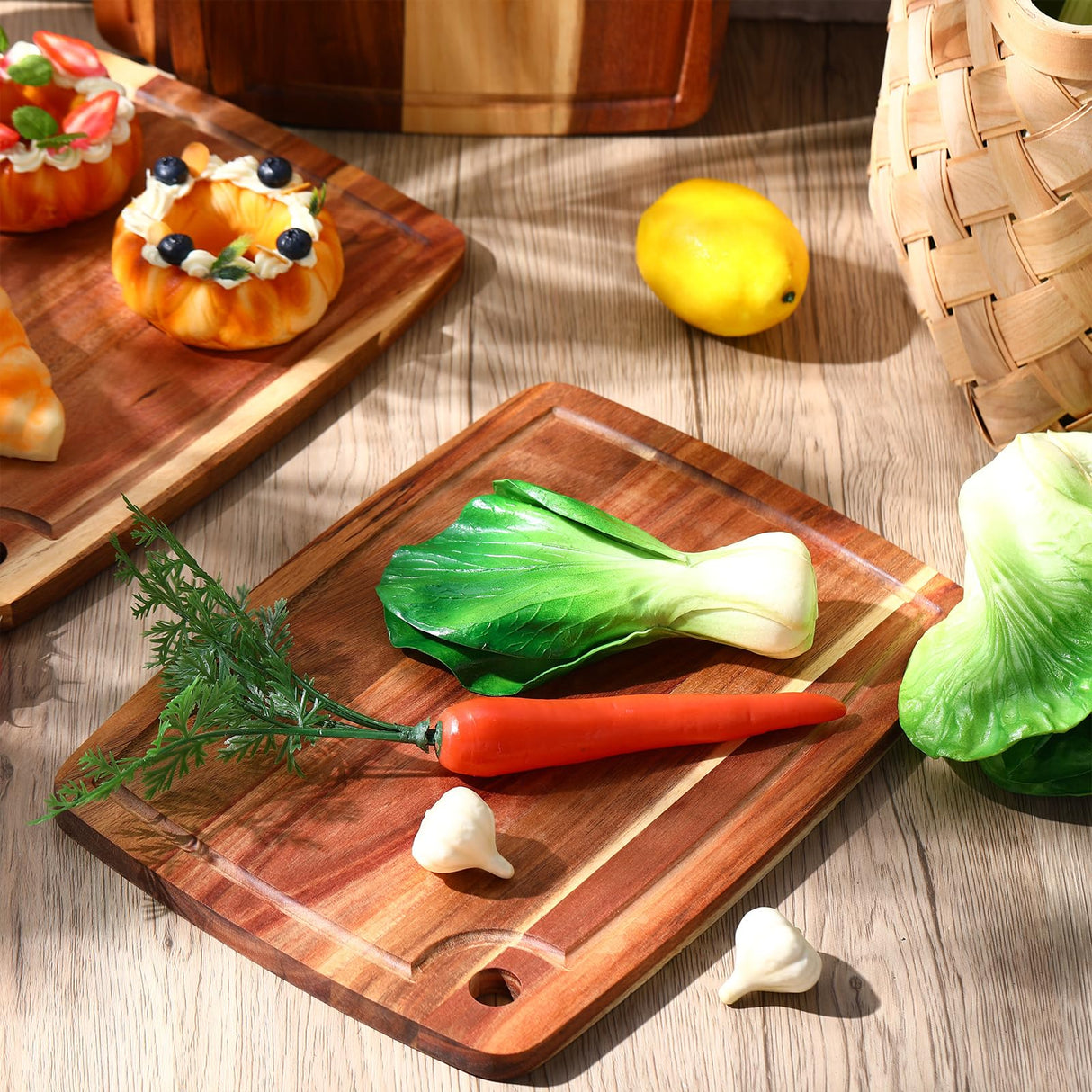 Roshtia 6 Pieces Acacia Wood Cutting Board Kitchen Wooden Chopping Board with Juice Groove Reversible Charcuterie Serving Board Butcher Block Cutting Board for Meat, Cheese, Vegetables, 14" x 10" Roshtia