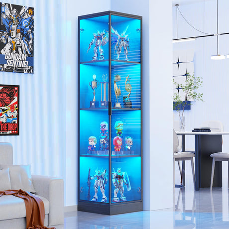 BROTTAR Corner Display Cabinet with Doors, 4-Tier Corner Shelf&Bookcase for Collectibles, Toys, Books, Display Case with 3 Color Light, for Playroom, Bedroom, Study Room, Black BROTTAR