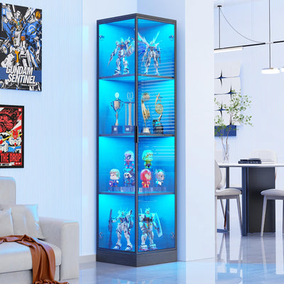 BROTTAR Corner Display Cabinet with Doors, 4-Tier Corner Shelf&Bookcase for Collectibles, Toys, Books, Display Case with 3 Color Light, for Playroom, Bedroom, Study Room, Black