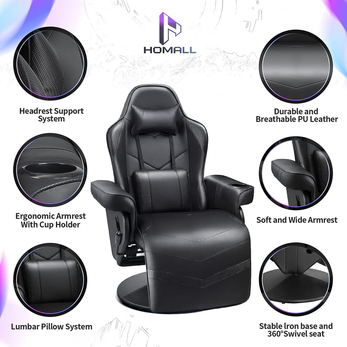 Homall Computer Racing Style Pu Leather Ergonomic Adjusted Reclining Video Gaming Single Sofa Chair with Footrest Headrest and Lumbar Support (Black) Homall
