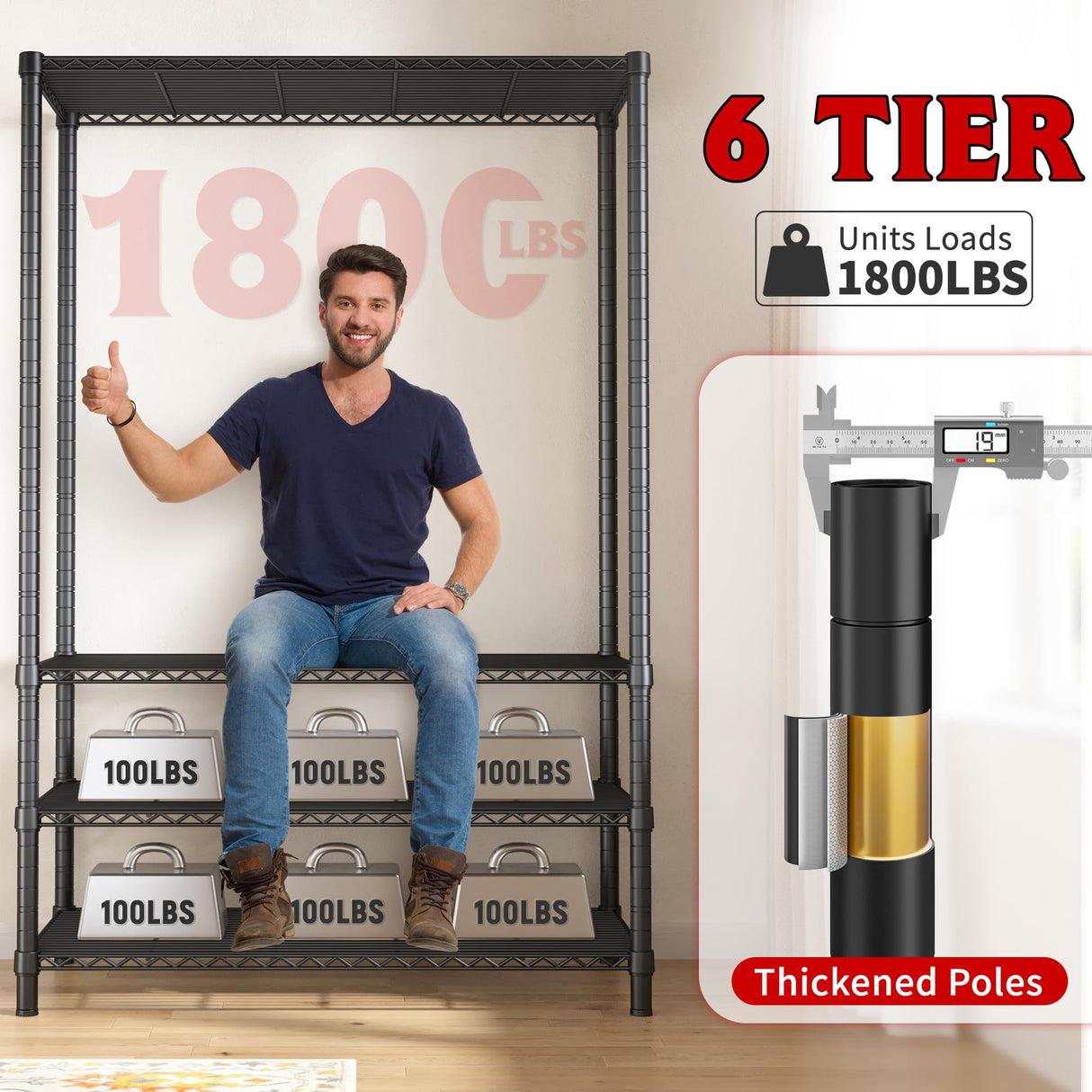 REIBII 6 Tier Wire Shelving,1800LBS Storage Shelves Metal Shelves for Storage Rack,75''H Adjustable Garage Shelving Heavy Duty Shelving Units Pantry Shelf Kitchen,75''HX35.5''WX18''D REIBII