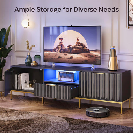 Bestier 70” Fluted TV Stand with LED Lights, Black TV Stand for TVs Up to 80", Modern Entertainment Center with Storage, TV Console, Media Console for Living Room Bedroom Bestier