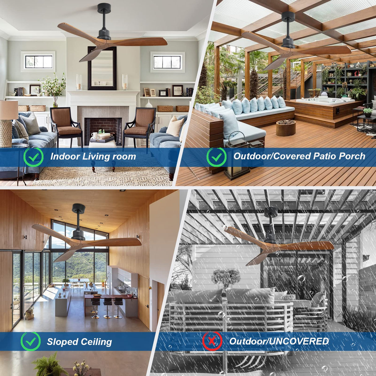 Sofucor Walnut Ceiling Fan, Solid Wood 3 Blade Ceiling Fans, Wood Ceiling Fan No Light, 52'' Ceiling Fan Without Light for Living Room & Covered Outdoor, Brown Sofucor