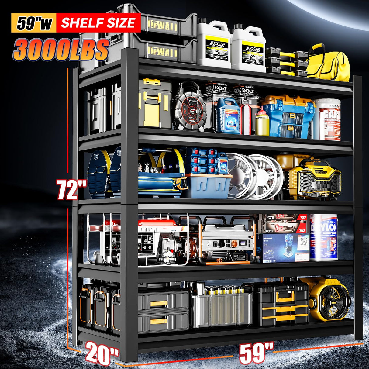 Welfiya 59" W Garage Shelving,5-Tier Heavy Duty Shelving Unit,3000LBS Adjustable Metal Storage Shelves,Storage Rack Units for Industrie,Shed,Warehouse,Basement,Black,59" W x 20" D x 72" H Welfiya