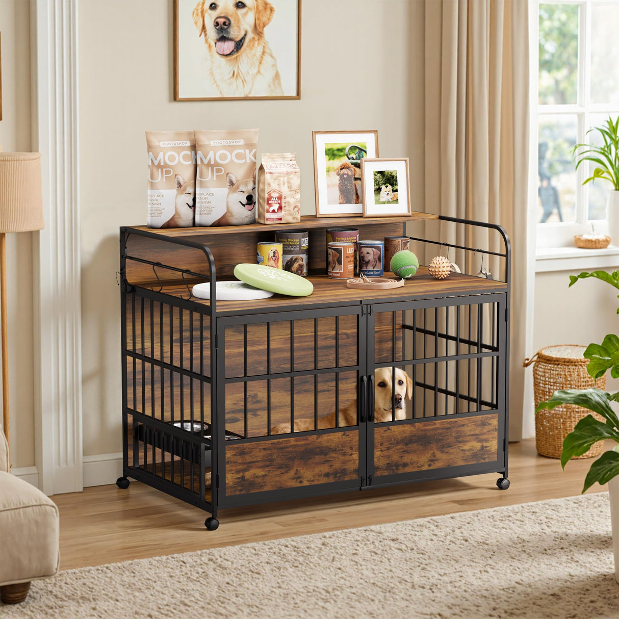WARCAT Large Furniture Dog Crate, Heavy Duty Dog Crate, Dog Kennel Indoor, Wood Dog Cage Table with Adjustable Lighting Color, Sturdy Metal, 44" L×26" W×37" H, Brown WARCAT