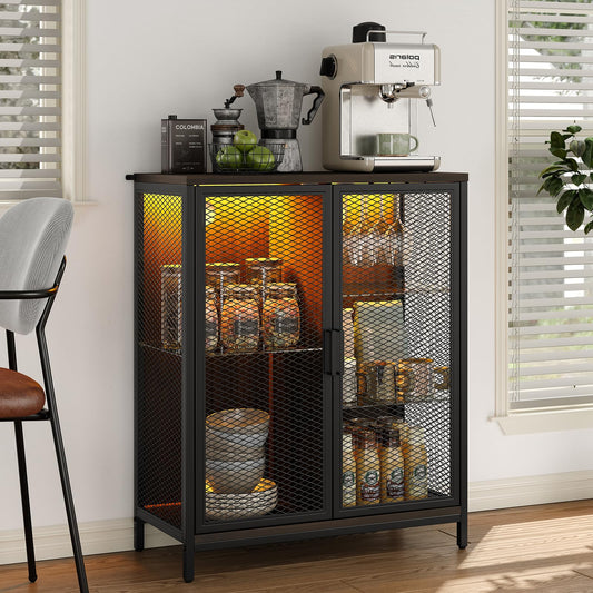 Furniouse Small Bar Cabinet with Storage, Small Wine Bar Cabinet with Glass Shelves & Doors, Industrial Liquor Cabinet with Led Light for Home, Rustic Buffet Sideboard Cabinet