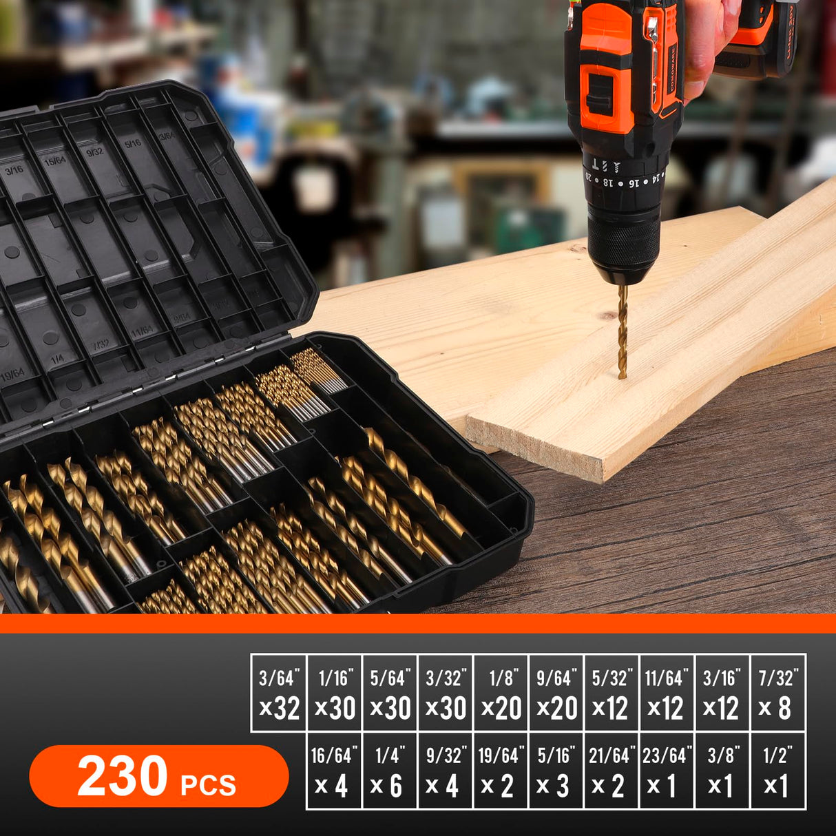 COMOWARE 230 Pcs Drill Bit Set for Wood & Metal - Titanium Wood Drill Bits, High Speed Steel Drill Bit Kit Titanium Coated for Wood, Metal, Plastic, Aluminum Alloy with Storage Case, 3/64"-1/2" COMOWARE