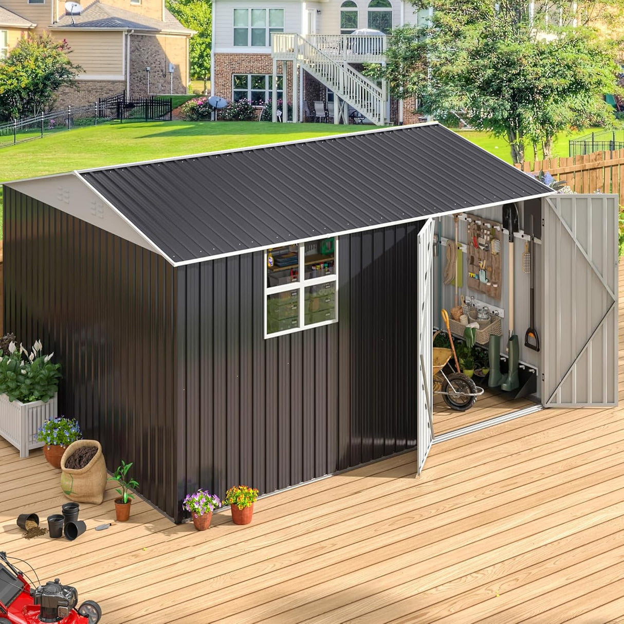 VIWAT 10X12 FT Outdoor Storage Shed, Metal Garden Shed with Updated Lockable Doors and Frame Structure, Large Tool Sheds for Backyard Garden Patio Lawn,Black VIWAT