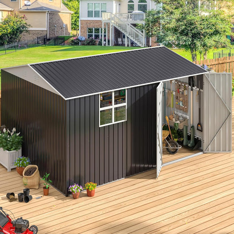 VIWAT 10X12 FT Outdoor Storage Shed, Metal Garden Shed with Updated Lockable Doors and Frame Structure, Large Tool Sheds for Backyard Garden Patio Lawn,Black VIWAT