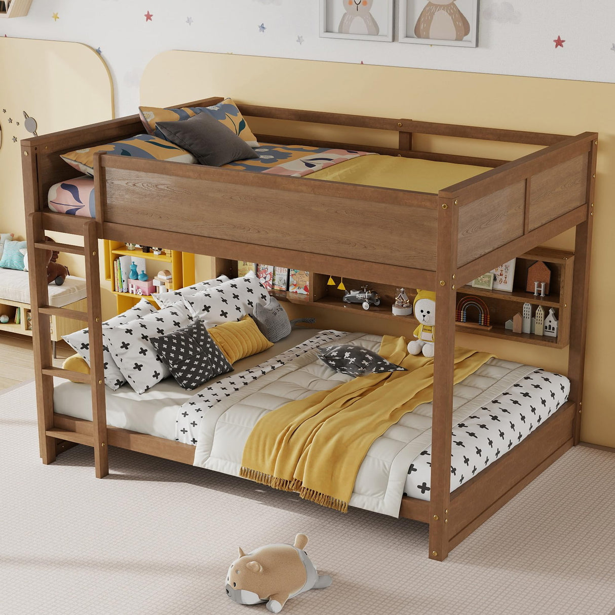 Ball & Cast Queen Over Queen Bunk Bed with Built-in Storage Cabinets and Guardrails,Wood Bunbed w/Charging Station & Ladder,Full-Length Guard Rail,Slat Support,Bedroom Furniture for Student,Wheat Ball & Cast