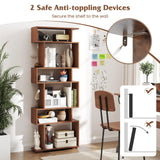 Tangkula 6-Tier S-Shaped Bookshelf, 64" Freestanding Geometric Bookcase, Home Office Wood Storage Shelf with Anti-Toppling Device, Room Divider Display Rack for Study, Living Room (1, Walnut) Tangkula