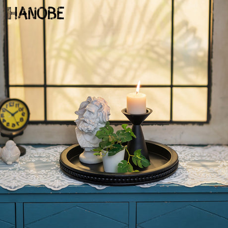 Hanobe Decorative Serving Tray Wood: Black Bead Round Tray for Coffee Table Rustic Wooden Trays Decor Farmhouse Kitchen Counter Circle Tray Vintage Centerpiece for Living Room Home Organizer Hanobe