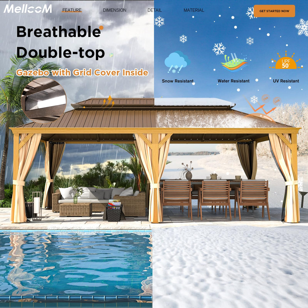 MELLCOM 14' x 22' Gazebo, Hardtop Gazebo Wood-Looking Gazebo with Galvanized Steel Double Roof, Aluminum Frame, Outdoor Patio Hardtop Gazebo with Netting and Curtains for Deck, Backyard, Patio, Lawns MELLCOM