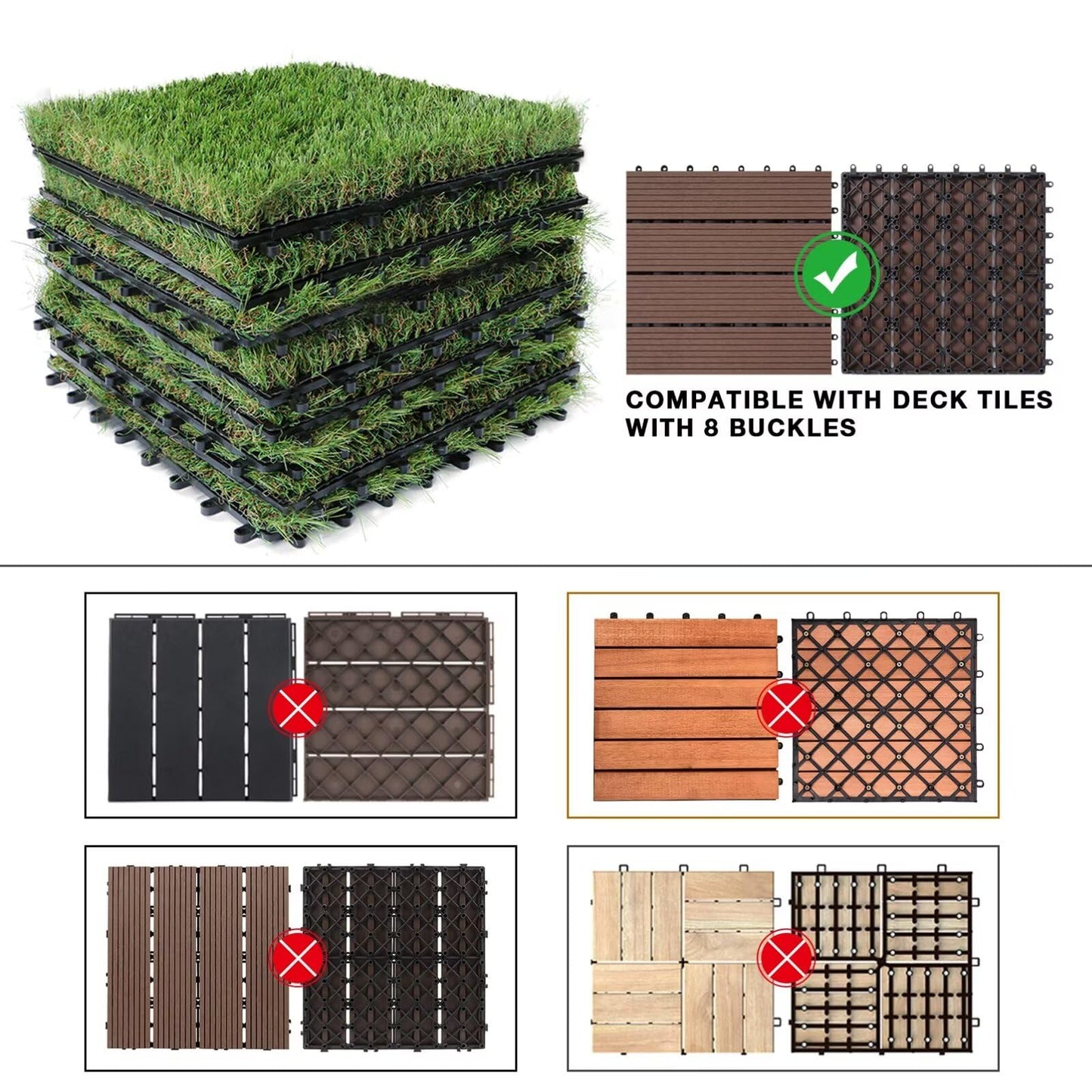 XLX TURF Artificial Grass Tiles Interlocking Turf Deck Set 9 Pack - 12"x12" Synthetic Fake Grass Self-draining Mat Flooring Decor Pad for Dog Pet Indoor Outdoor, 8 Buckle Systerm