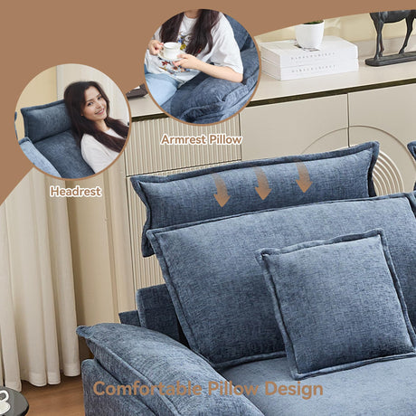 103'' Cloud Modern 3 Seater Couch with Detachable Headrest, Modular Sectional Sofa with Ottoman, Oversized L Shape Chenille Comfy Sofa with Armrests for Living Room, Blue Abbrevi