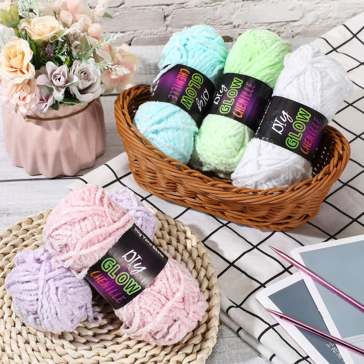 Fanfanwin 5 Rolls Glow in The Dark Chenille Yarn Luminous Crochet Yarn Glow Sewing Craft for DIY Arts Crafts Halloween Knitting Sewing Crocheting Supplies, 76.5 Yard Per Roll Fanfanwin