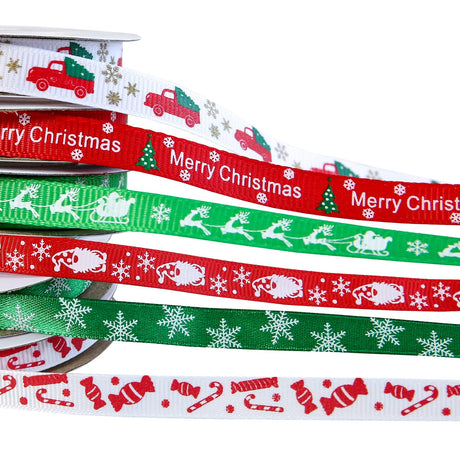 60 Yards 3/8" Christmas Ribbon for Crafts, White Red and Green Holiday Grosgrain Ribbon Christmas Ribbon for Gift Wrapping Festival Holiday Party Hair Bow Clips DIY Crafts Decoration (6 Rolls) DHAIQC