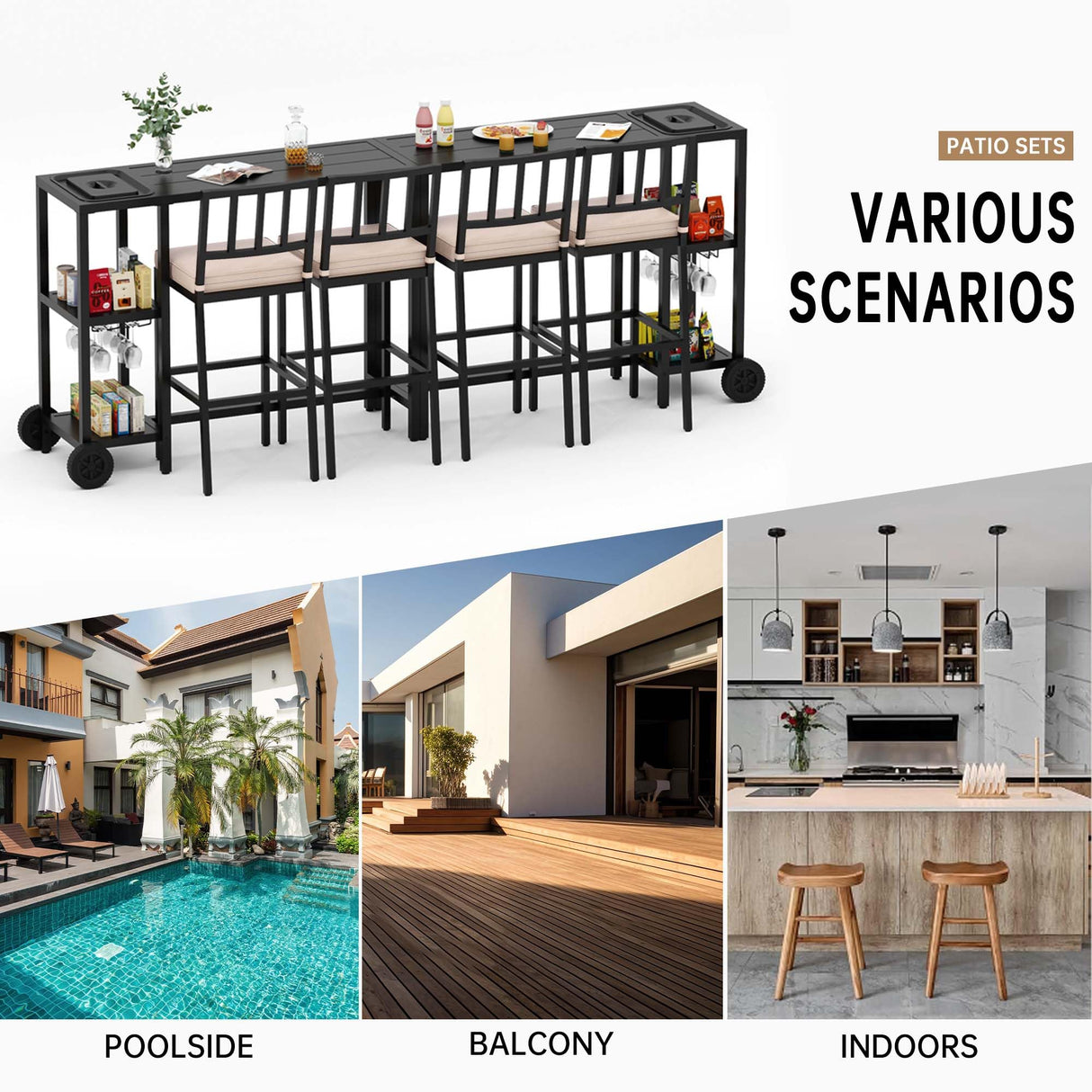 PIZZELLO 6 Piece Outdoor Patio Bar Set, 2 PCS 47" Rectangular Counter Height High Top Bar Tables with Wheels, 4 Cushioned Bar Stools, Metal Bar Table and Chairs Set for Balcony, Backyard, Porch PIZZELLO