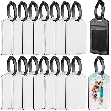 Framendino, 16 Pack Rectangle Sublimation Luggage Tags White Heat Transfer PU Leather Luggage Tag Blank Suitcase Tags ID Card Holder for Travel Suitcase Sports Bags Label Tag Framendino