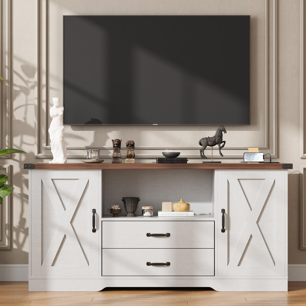 Maupvit Farmhouse TV Stand for 65 Inch TV, Television Stands with Drawers, TV Console with Storage, 58.3" TV Cabinets,Modern Entertainment Center for Living Room Bedroom,White Maupvit