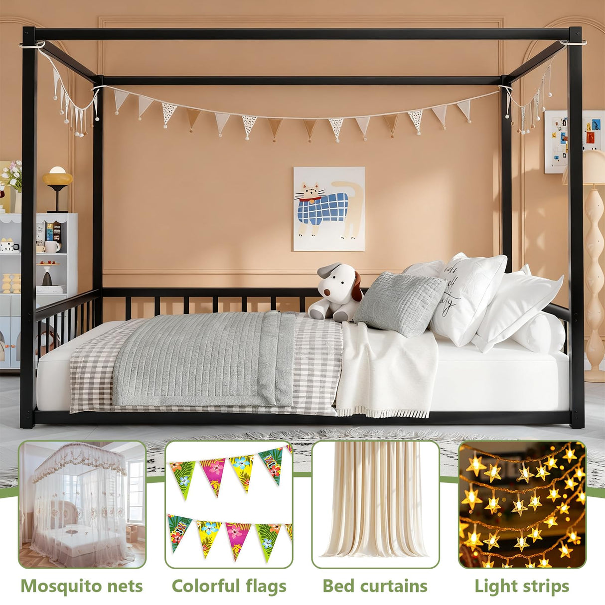 Canopy Floor Bed for Kids – Queen Size, Matte-Black Steel Frame with Safety Fence, Unisex Design for Boys & Girls, Box Spring Required, Quick Assembly (Queen) Lyngins