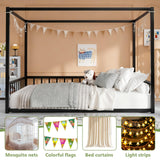 Canopy Floor Bed for Kids – Queen Size, Matte-Black Steel Frame with Safety Fence, Unisex Design for Boys & Girls, Box Spring Required, Quick Assembly (Queen) Lyngins