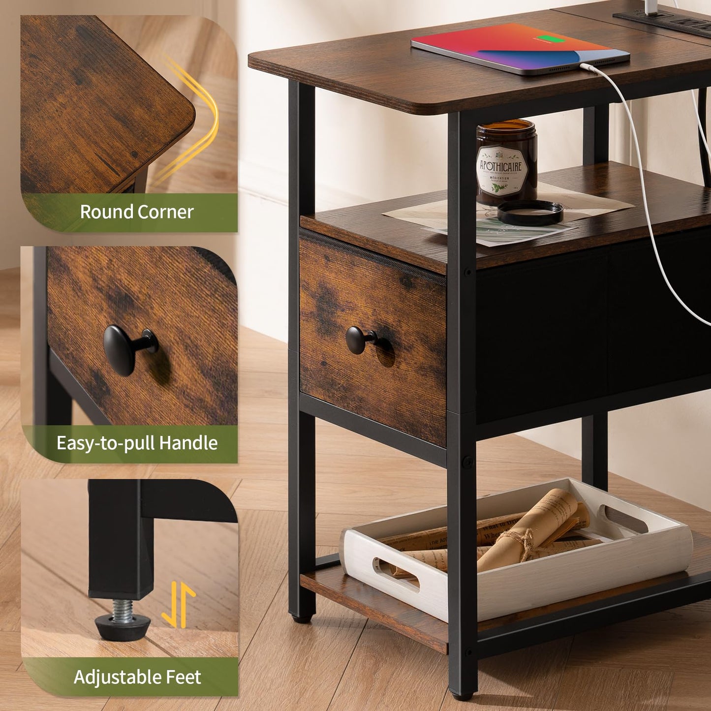 Yoobure End Table with Charging Station, Narrow Side Table with Adjustable Fabric Drawer, 3-Tier End Tables Living Room, Small Nightstand with Outlets, LED Skinny Night Stand for Bedroom Small Spaces