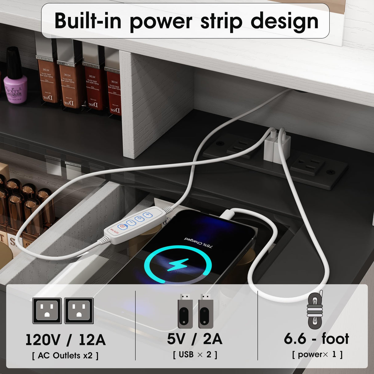 Vabches Vanity Desk with Mirror and Lights,Glass Top,Makeup Vanity Table Set with Stool,Charging Station and 3 Lighting Modes,2 Cabinets 3 Drawers Dressing Table，White Vabches