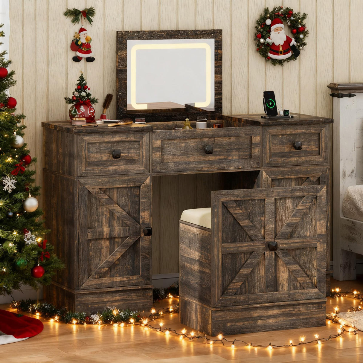 MDGC 3 in 1 Vanity Desk with Mirror and Lights, Farmhouse Dressing Table with Charging Station, Compact Makeup Vanity Table with 3 Drawers & Hidden Storage Stool (Rustic Brown) MDGC