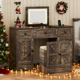 MDGC 3 in 1 Vanity Desk with Mirror and Lights, Farmhouse Dressing Table with Charging Station, Compact Makeup Vanity Table with 3 Drawers & Hidden Storage Stool (Rustic Brown) MDGC