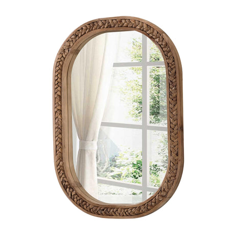 Sintosin Rustic Oval Rattan Mirrors for Wall 16 X 24 Inch, Hanging Wood Frame Mirrors for Bedroom, Handmade Unique Coastal Mirror Wall Decorative for Bathroom Entryway, Horizontal or Vertical Sintosin