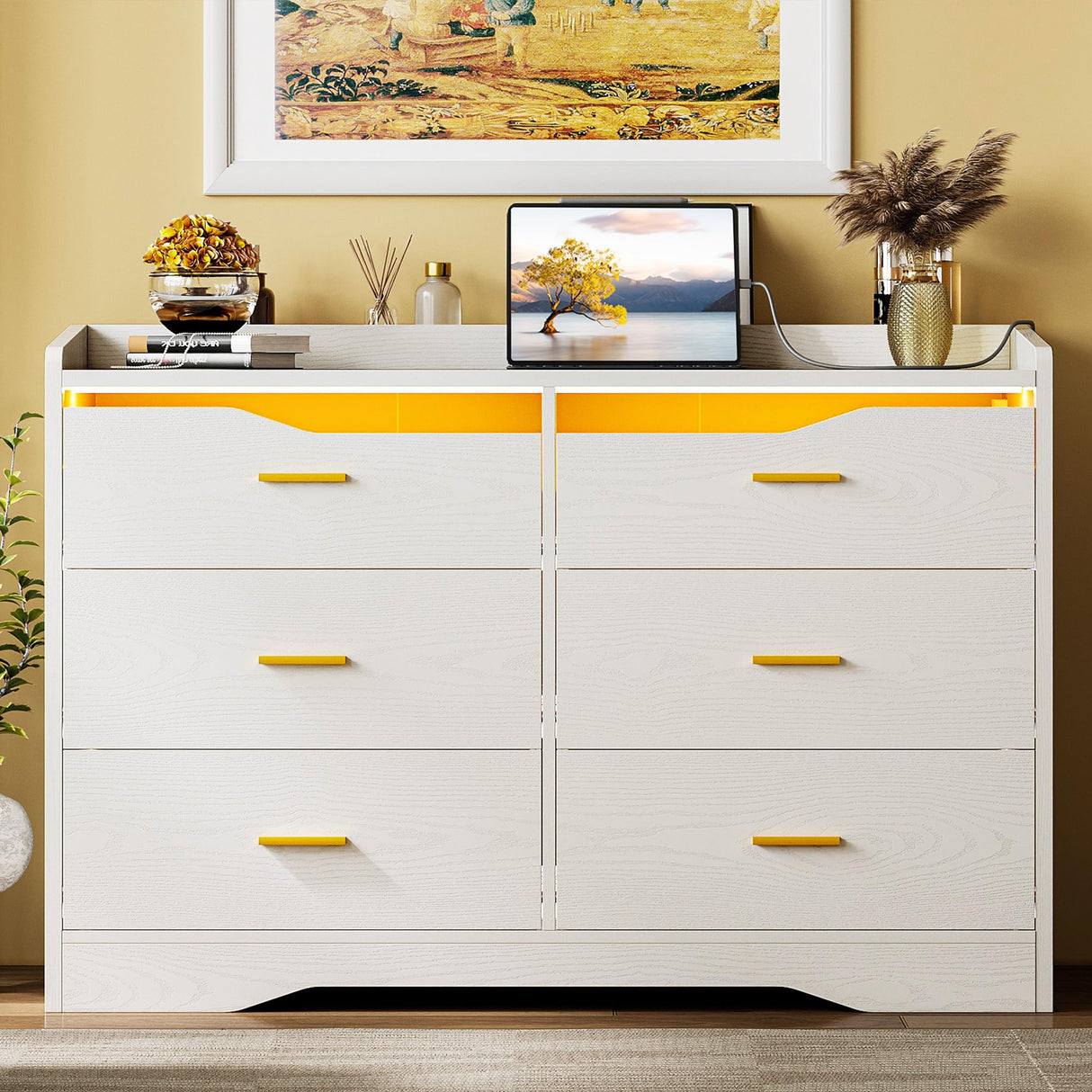 IRONCK Dresser for Bedroom with LED Light and Charging Station, Large Dressers & Chests of Drawers with 6 Wooden Drawers, Storage Organizer Dresser for Hallway, Bedroom, White IRONCK