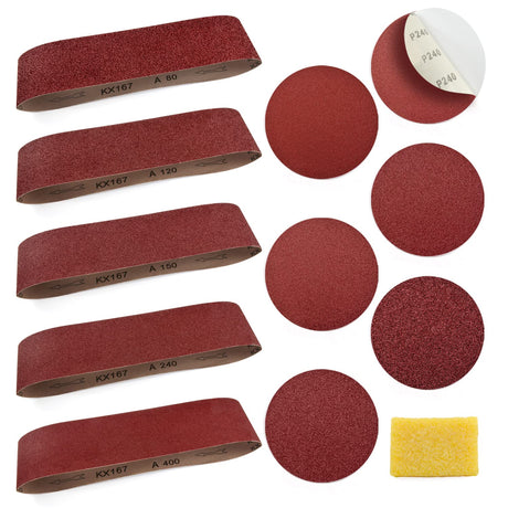 Sanding Belts and Sanding Discs Set for Power Combination Disc & Belt Sander 10 PCS 4 x 36” Aluminum Oxide Sanding Belts and 12 PCS 6” PSA Self Adhesive No-hole Sticky Back Sanding Discs(80-400 Grit) POLIWELL
