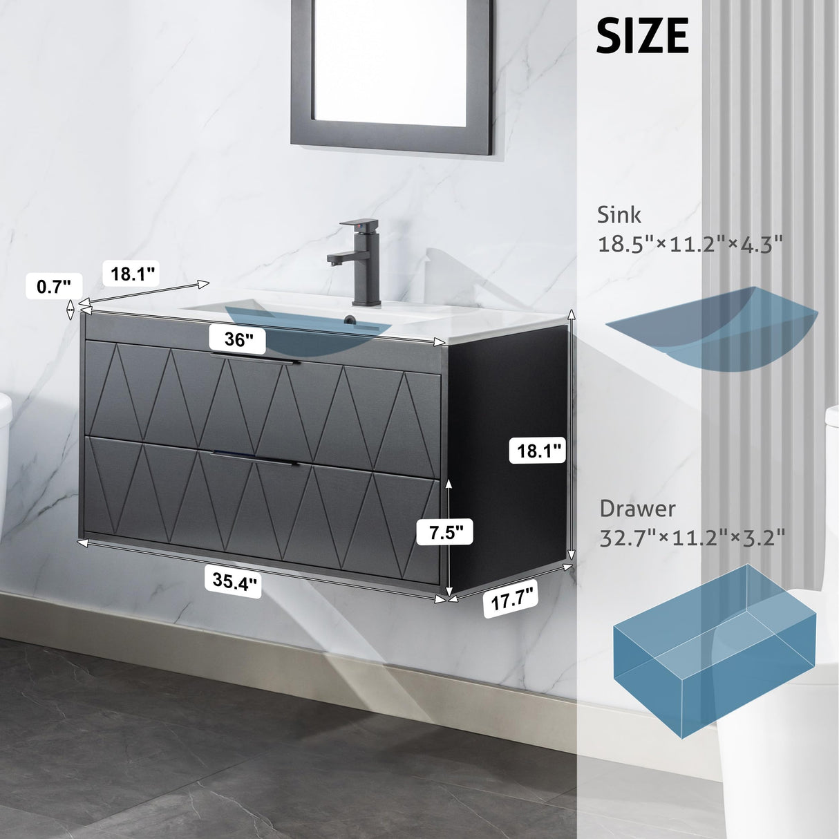eclife 36" Bathroom Vanities Cabinet with Sink Combo, Wall Mounted Floating Cabinet W/Decor Line, Soft-Close System, 2 Extra Big Drawers, Matte Black Faucet, Black eclife